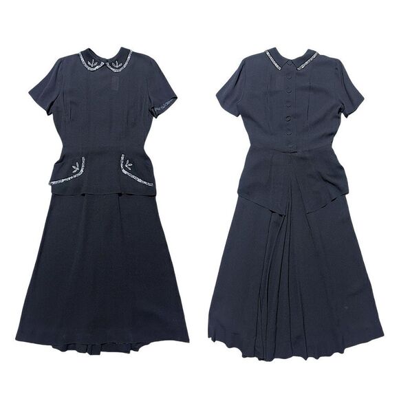 Babs Junior 1940s True Vintage Black Crepe Peplum Dress with Beaded Trimming - Picture 1 of 16